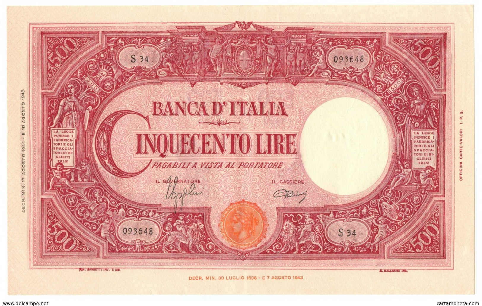 500 LIRE BARBETTI GRANDE C TESTINA RETRO BI RSI 17/08/1944 SUP - Regno D'Italia – Other