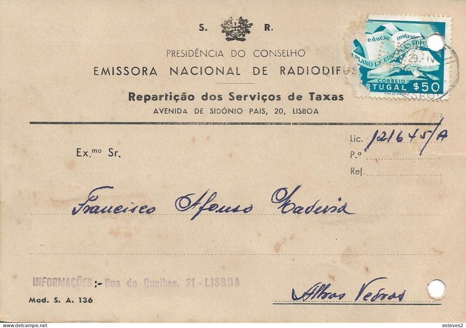 Portugal 1955 , EMISSORA NACIONAL , RADIO Commercial Mail , Perfin E.N.R. Over Damage Stamp - Portugal