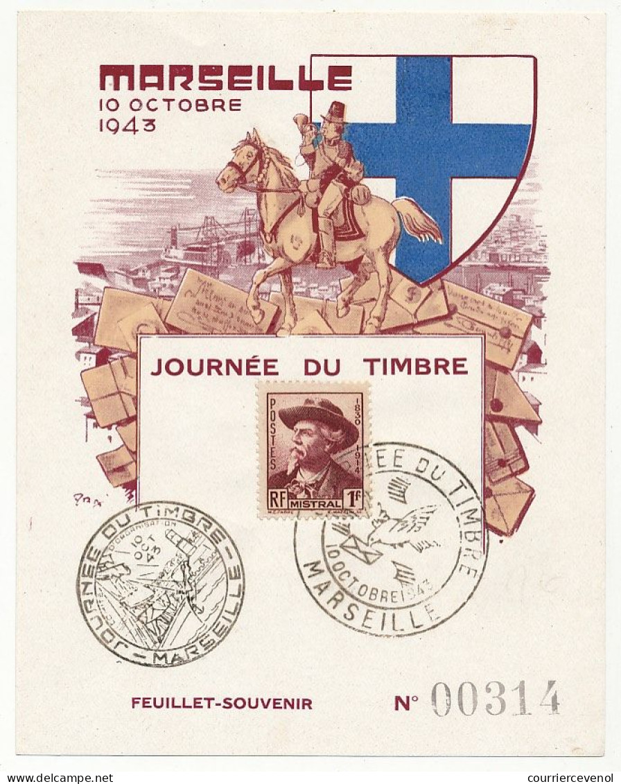 FRANCE => Feuillet Souvenir Illustré DRAIM - Journée Du Timbre 1943 Marseille, 1F Mistral, 10 Octobre 1943 - Covers & Documents