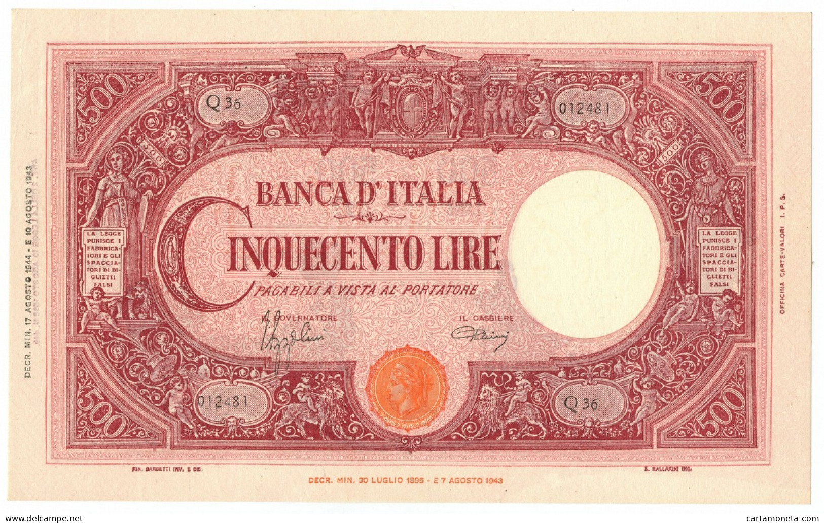 500 LIRE BARBETTI GRANDE C TESTINA RETRO BI RSI 17/08/1944 QFDS - Regno D'Italia – Other