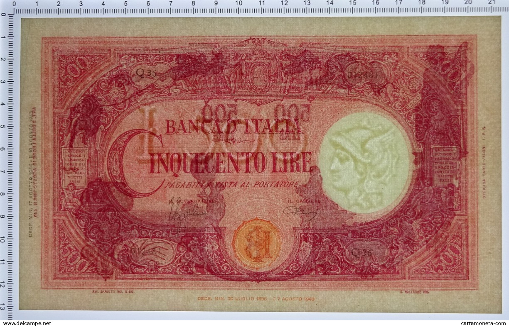 500 LIRE BARBETTI GRANDE C TESTINA RETRO BI RSI 17/08/1944 QFDS - Regno D'Italia – Other