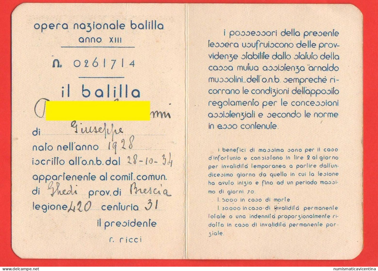 Tessera ONB BALILLA Anno XIII 1935 GHEDI Brescia Ventennio - Documenti Storici