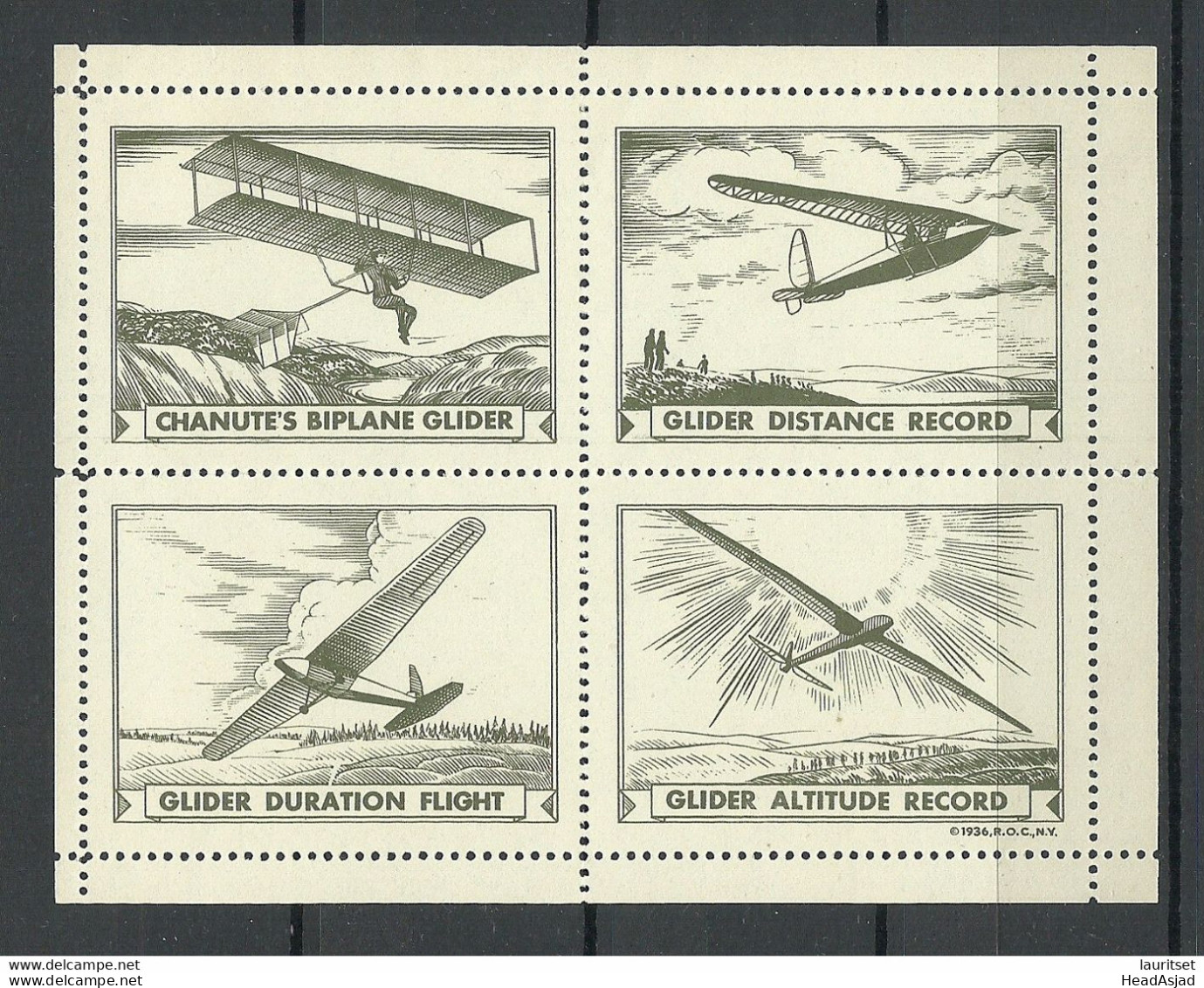 USA 1936 Poster Stamps As 4-block Flugwesen Aviation Air Plane Flugzeug Glider & Biplane MNH - Airplanes