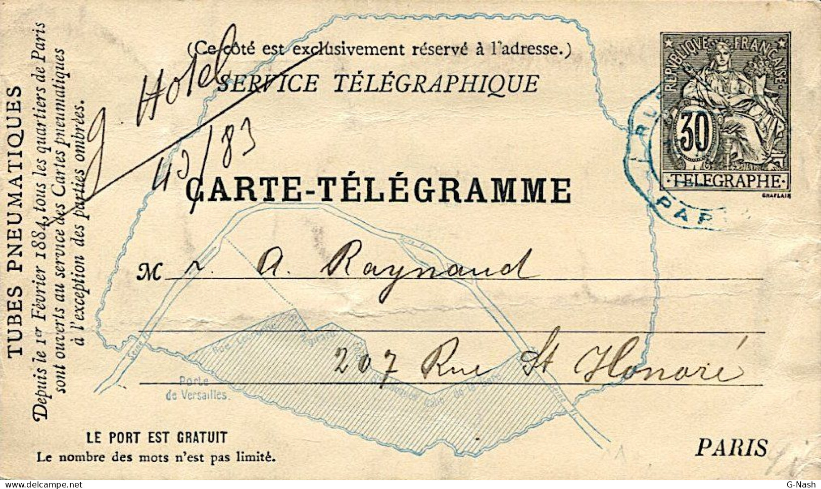 Carte Télégramme Type Chaplin 30c - 12 Novembre 1884 - Other & Unclassified