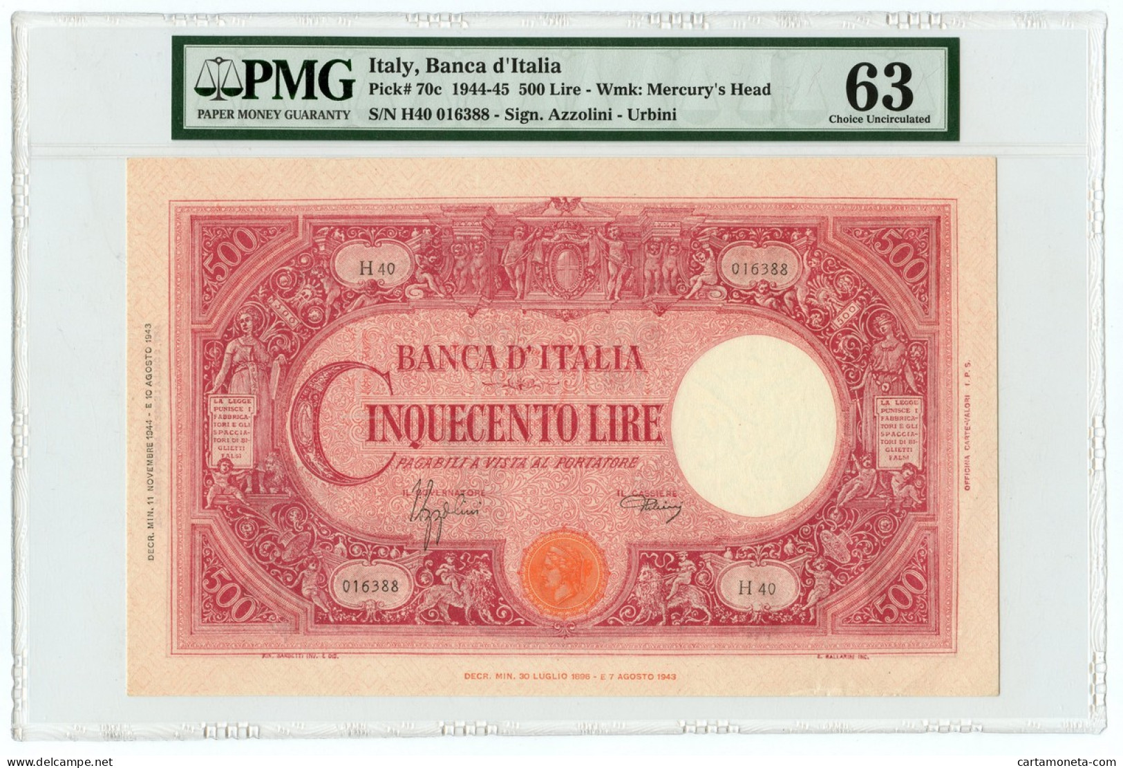 500 LIRE BARBETTI GRANDE C TESTINA RETRO BI RSI 11/11/1944 QFDS - Regno D'Italia – Autres