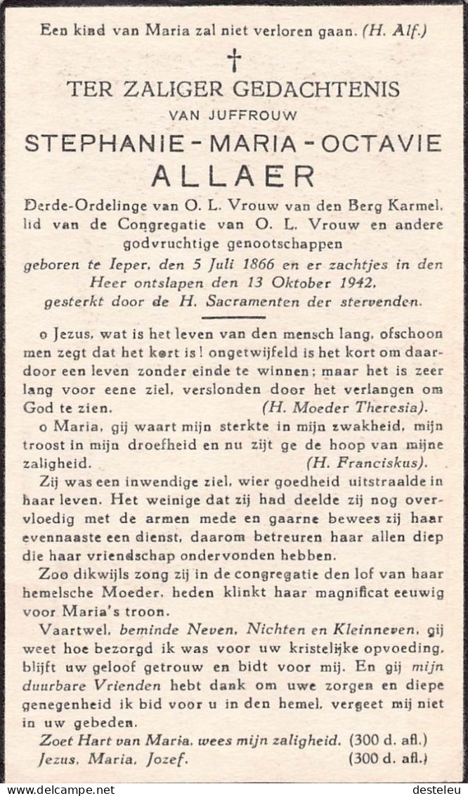 Doodsprentje / Image Mortuaire Stephanie Allaer - Ieper 1866-1942 - Obituary Notices