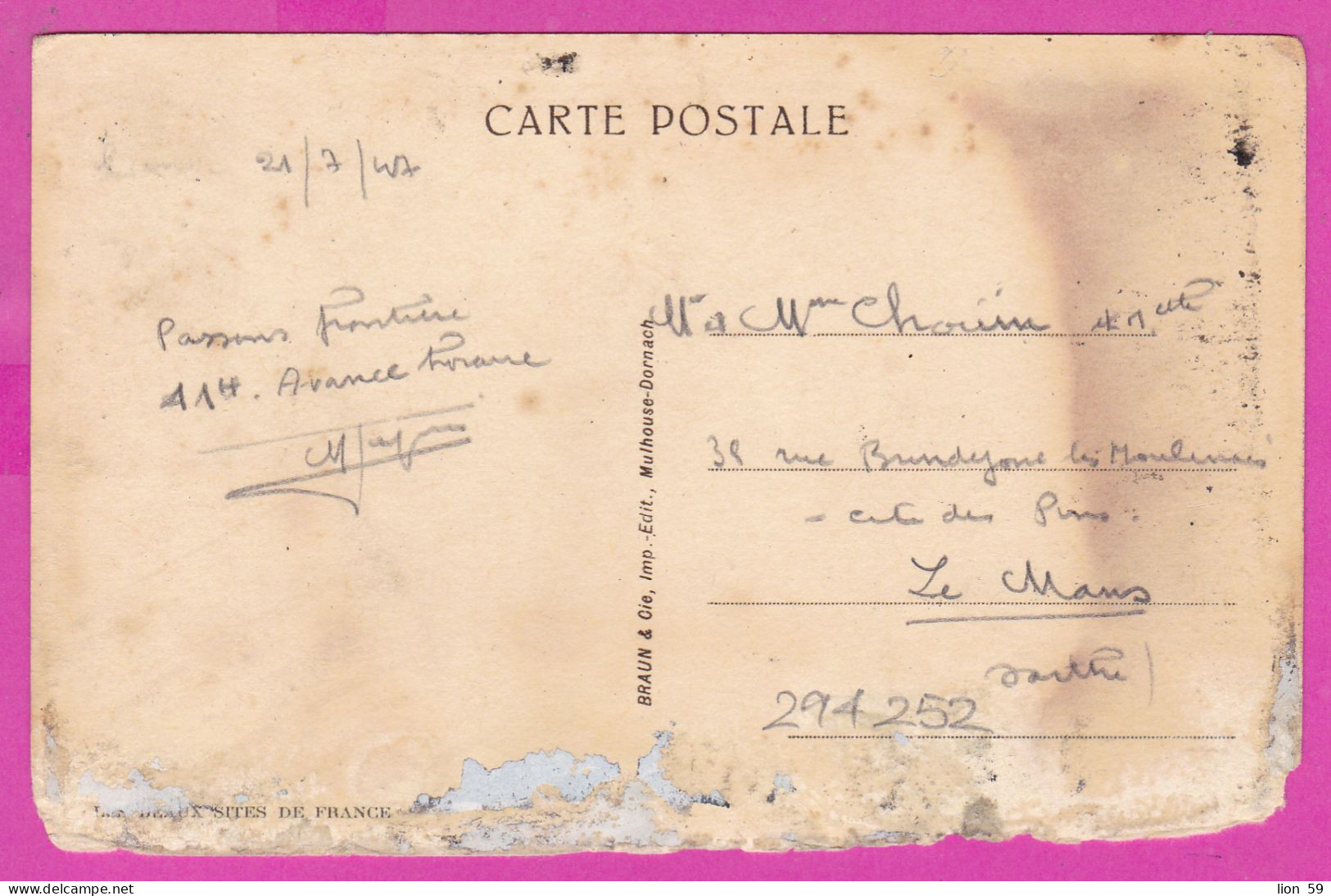 294252 / France - Saint-Louis St.-Louis - Douane Prise Du Côté Suisse PC 1947 USED 1.50+1.50 Fr. Cérès De Mazelin - Covers & Documents