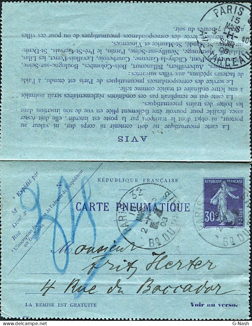 Carte Pneumatique Type Semeuse 30c - Paris 15 Mars 1908 - Autres & Non Classés