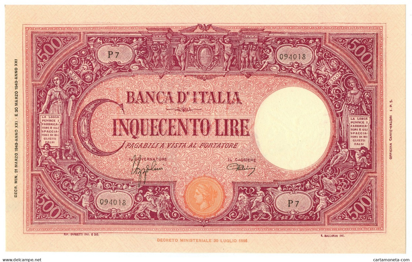 500 LIRE BARBETTI GRANDE C TESTINA FASCIO 31/03/1943 FDS-/FDS - Regno D'Italia – Autres