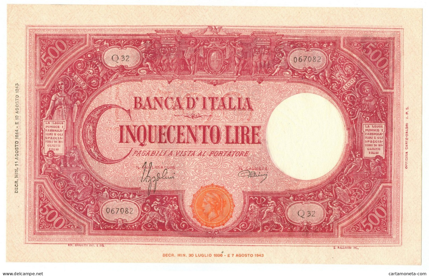 500 LIRE BARBETTI GRANDE C TESTINA RETRO BI RSI 01/08/1944 FDS-/FDS - Sonstige