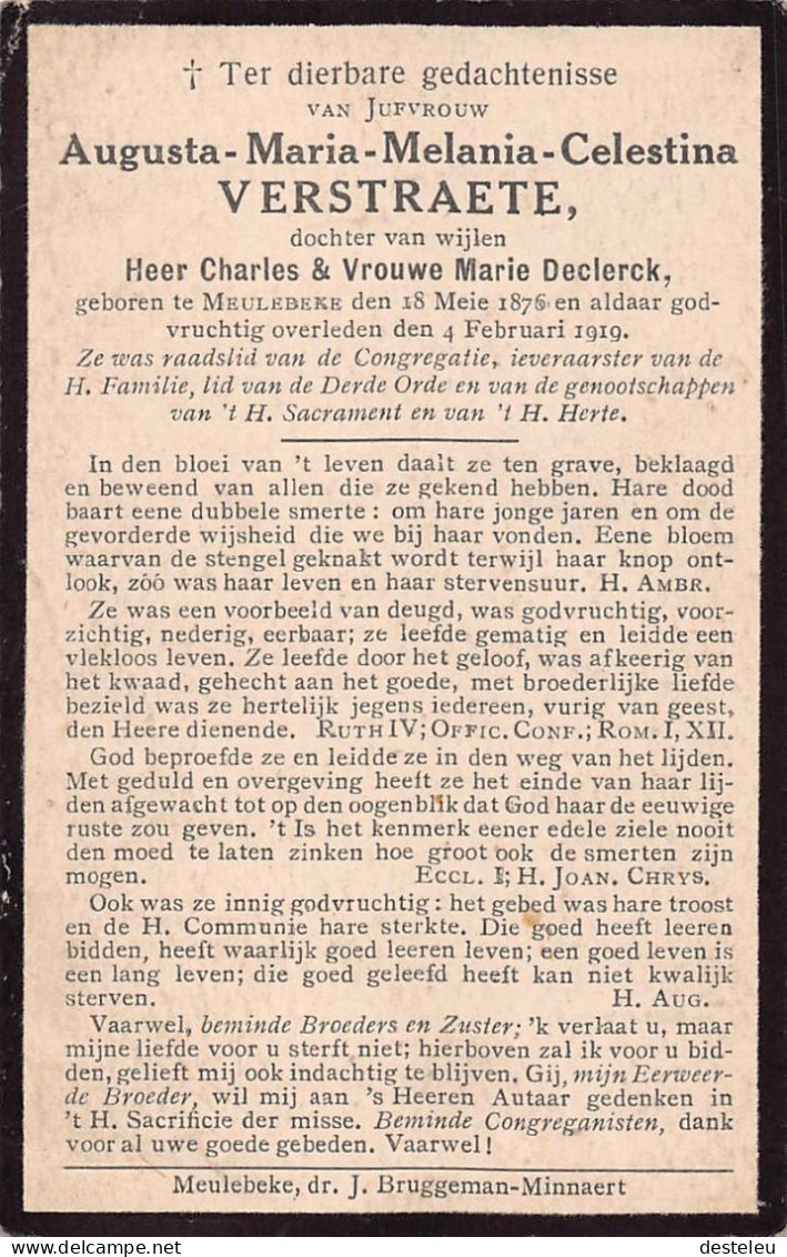 Doodsprentje / Image Mortuaire Augusta Verstraete - Declerck Meulebeke 1876-1919 - Obituary Notices