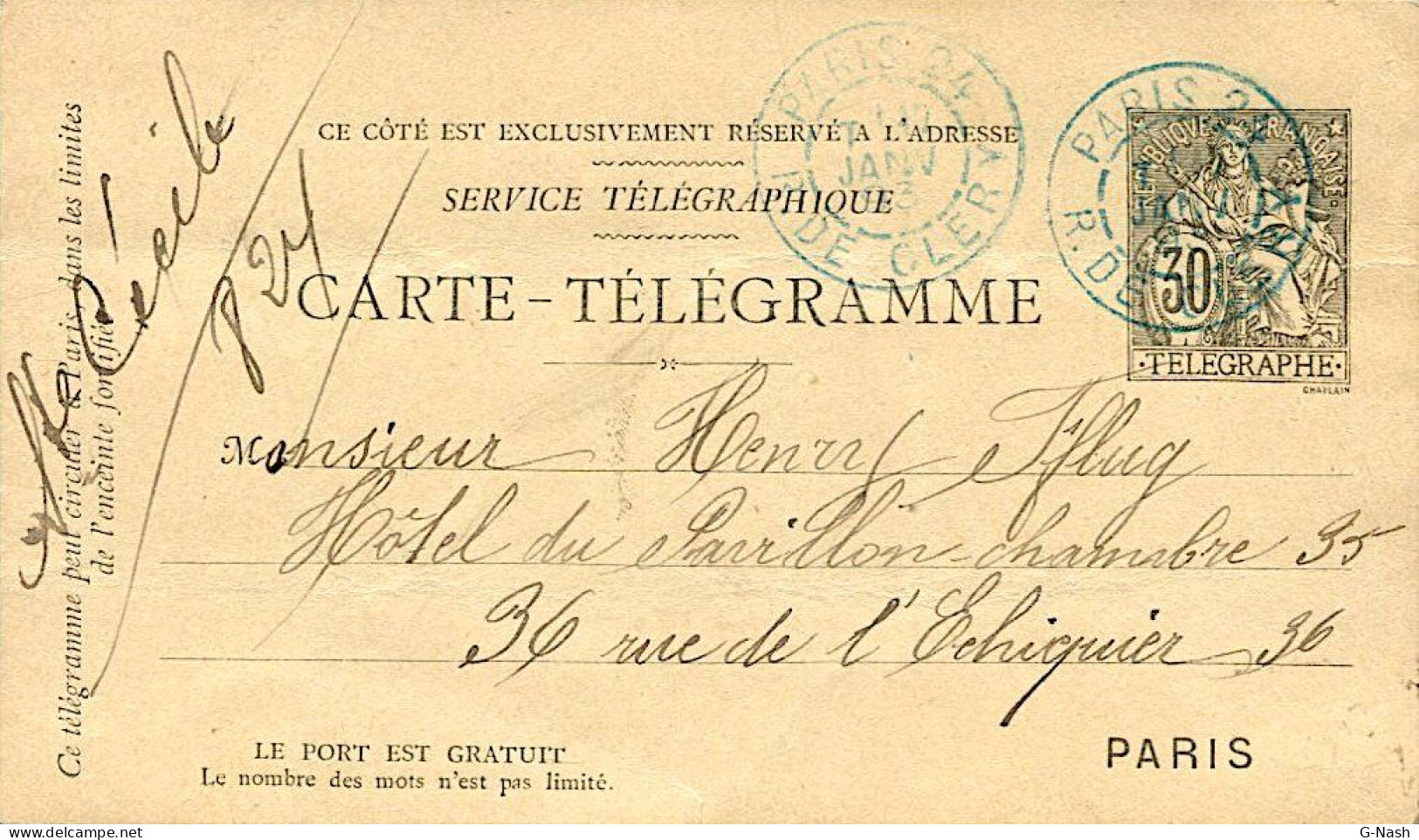 Carte Télégramme Type Chaplain 30c - Paris Le 15 Janvier 1903 - Sonstige & Ohne Zuordnung