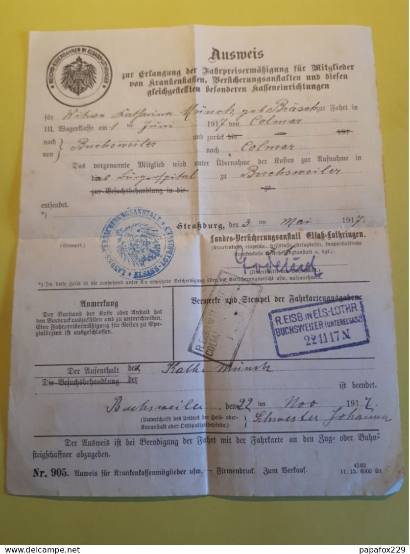 Reich Eisenbahn Elsass Lothringen AUSWEIS Buchswiller 1917 - Unclassified