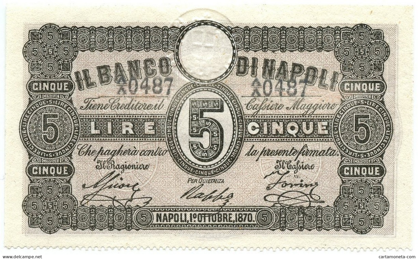 5 LIRE BANCO DI NAPOLI FEDE DI CREDITO 01/10/1870 QFDS - Sonstige & Ohne Zuordnung