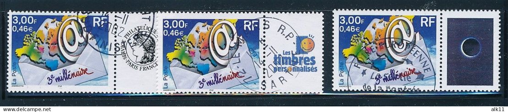 France 2000 - 3365A+B Trois Timbres 3e Millenénaire Personnalisés - Oblitéré - Oblitérés