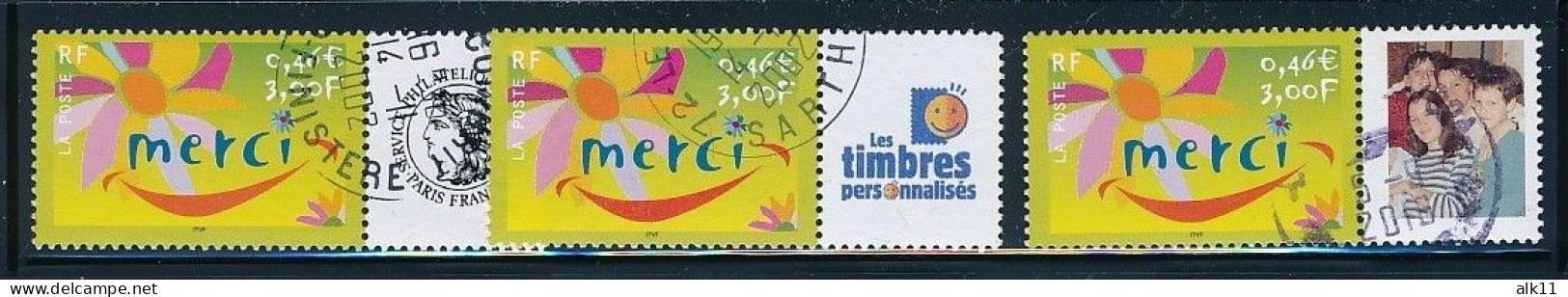 France 2001 - 3433A+Ab Trois Timbres Merci Personnalisés - Oblitéré - Used Stamps