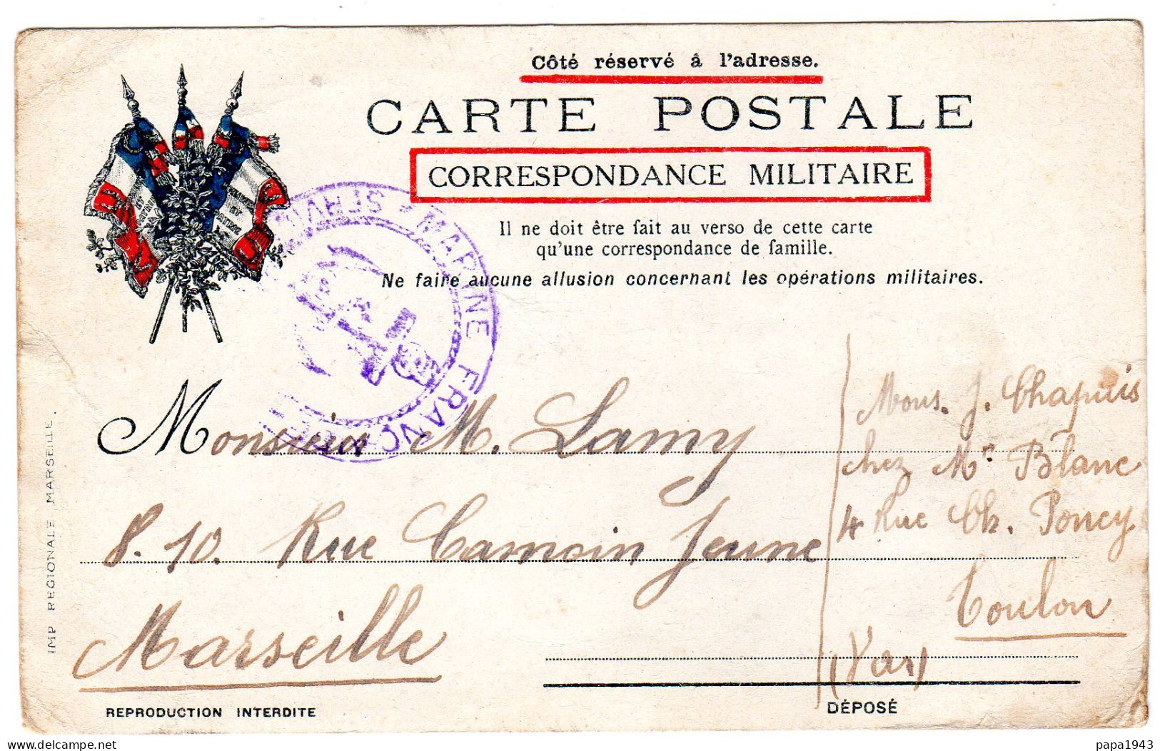 1914  C P Correspondance Militaire  Cachet " MARINE FRANCAISE SERVICE A LA MER " - Brieven En Documenten