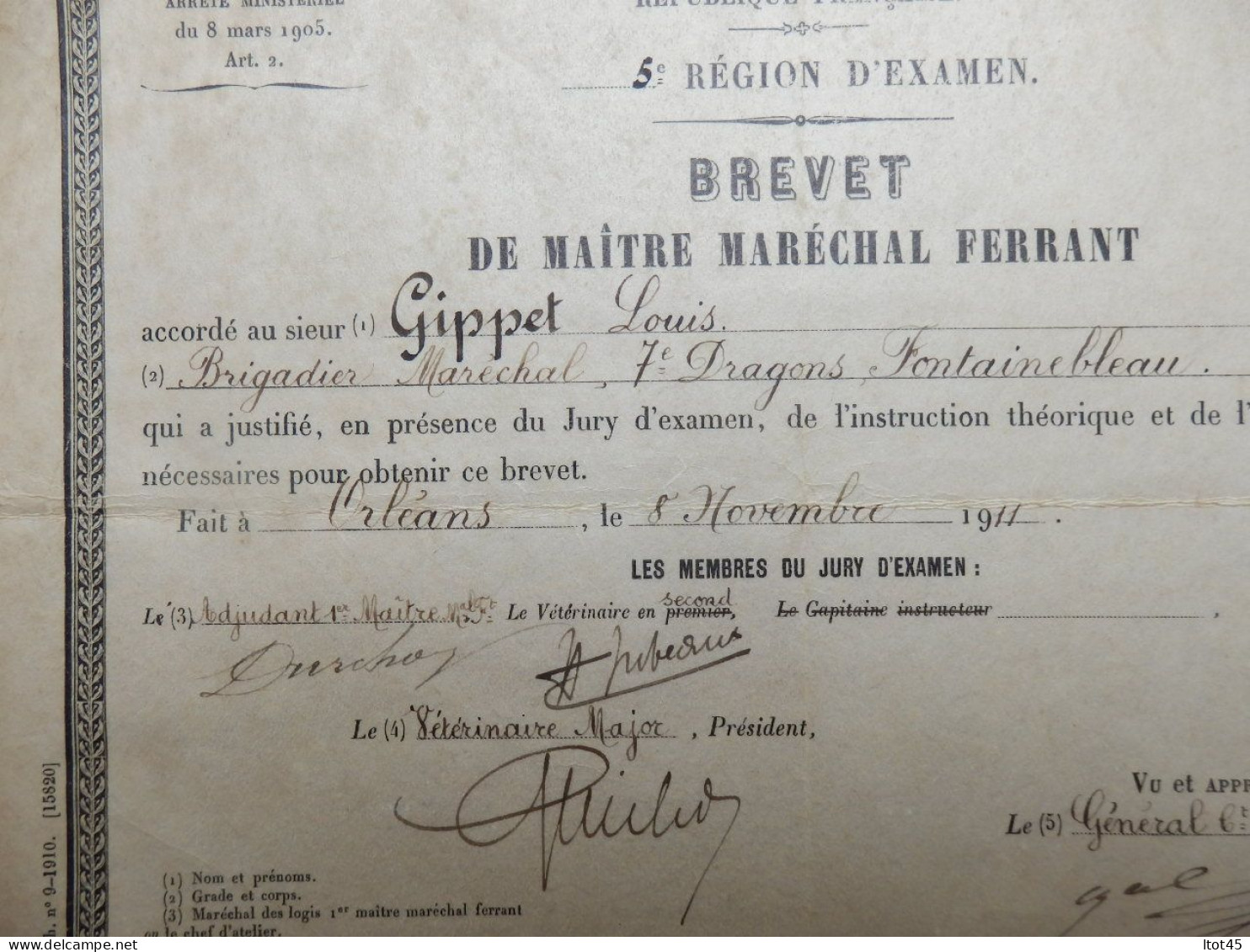 BREVET DE MAITRE MARECHAL FERRANT 7 Eme DRAGONS FONTAINEBLEAU 1911 - Documenti