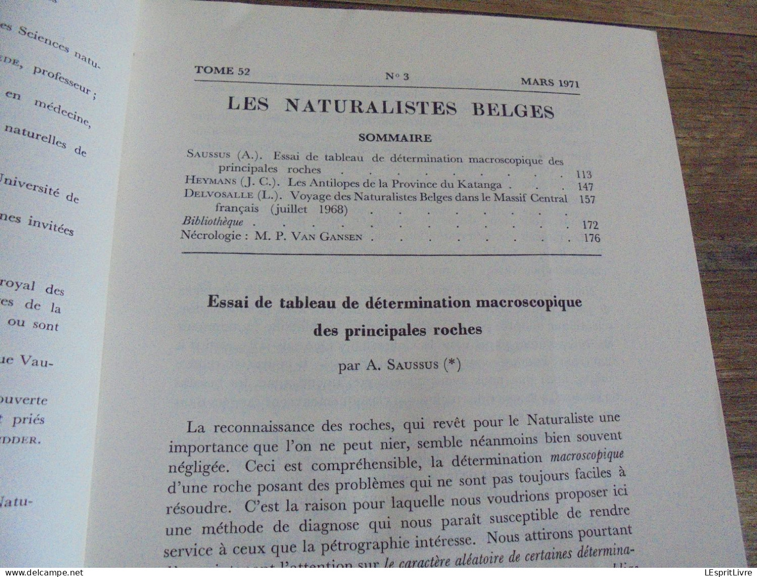 LES NATURALISTES BELGES N° 3 Année 1971 Régionalisme Géologie Roches Antilopes Katanga Massif Central France Botanique - Bélgica