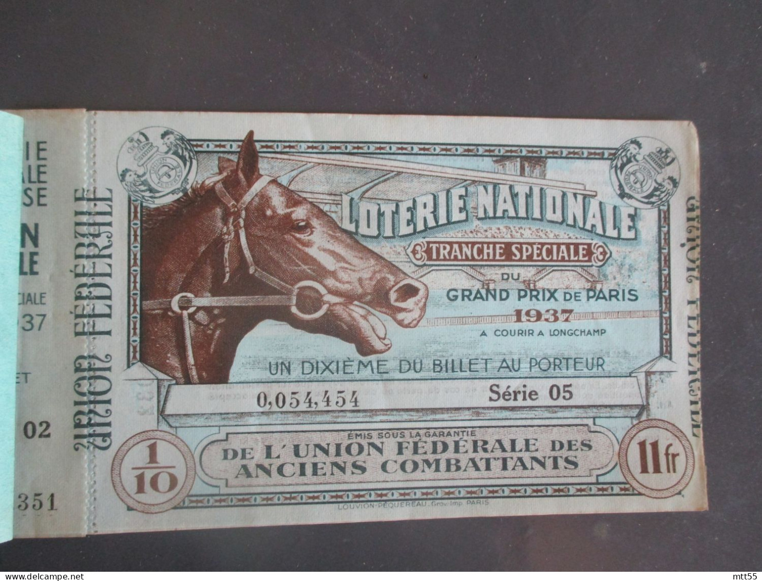 1937 TRANCHE SPECIAL DU GRAND PRIX PARIS TURF LOT DE 5 BILLETS DE LOTERIE EN CARNET - Billets De Loterie