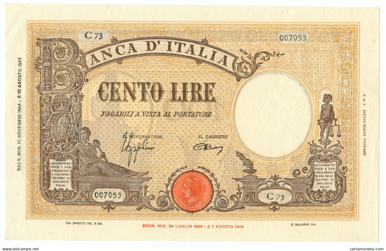 100 LIRE BARBETTI GRANDE B GIALLO TESTINA RETRO BI RSI 11/11/1944 SUP - Regno D'Italia – Autres