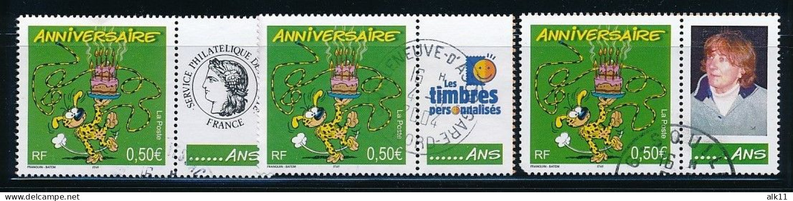 France 2003 - 3569A+Aa Trois Timbres Anniversaire Marsupilami  Personnalisés - Oblitéré - Usados