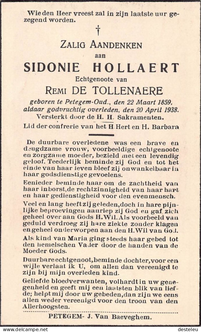 Doodsprentje / Image Mortuaire Sidonie Hollaert - De Tollenaere - Petegem 1859-1938 - Todesanzeige