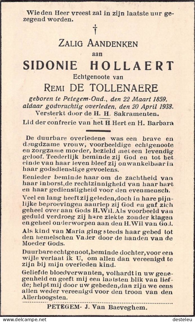 Doodsprentje / Image Mortuaire Sidonie Hollaert - De Tollenaere - Petegem 1859-1938 - Décès