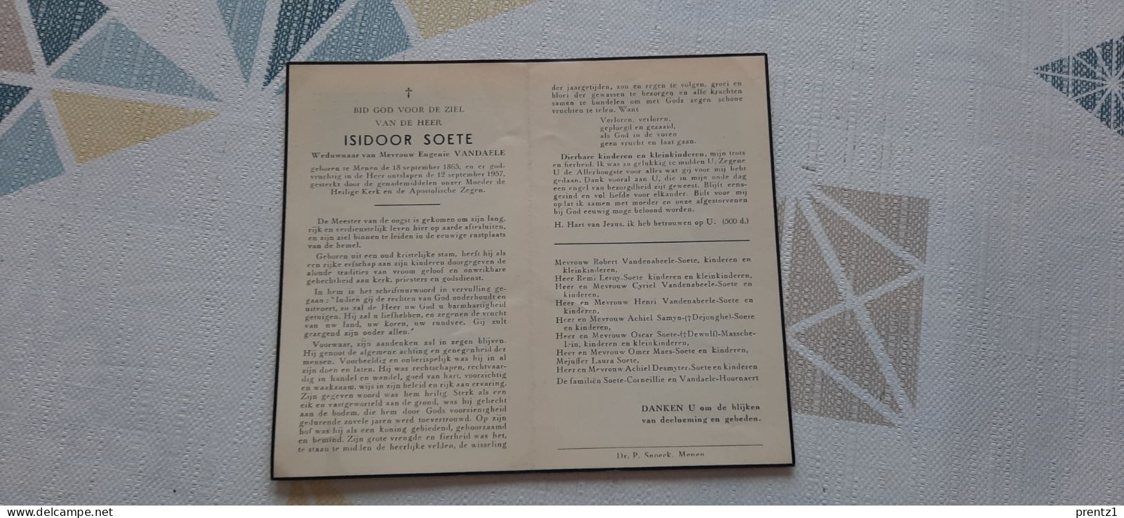 Isidoor Soete Geb. Menen 18/09/1865- Getr. E. Vandaele - Gest. 12/09/1957 - Imágenes Religiosas