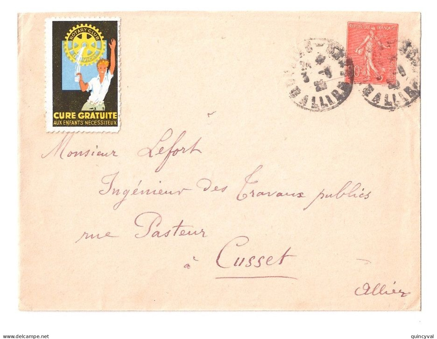 MOULINS Allier Enveloppe Entier D6 50 C Semeuse Lignée Vignette Errinophilie Rotary Vichy Cure Gratuite Enfant Ob 1929 - Enveloppes Types Et TSC (avant 1995)