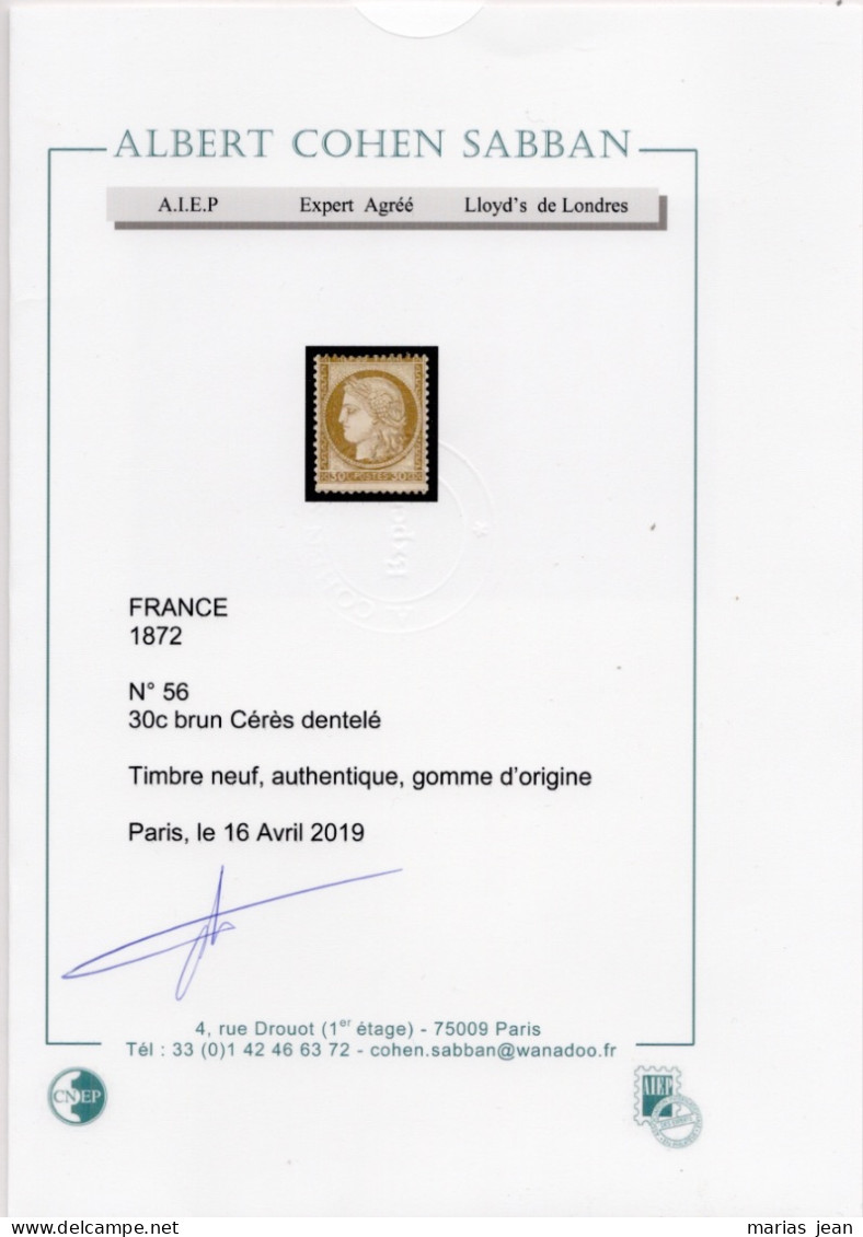 France  Numéro 56 N** Certificat - 1871-1875 Ceres