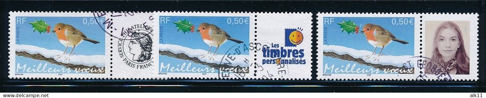 France 2003 - 3621A+Aa Trois Timbres Meilleurs Voeux Rouge-gorge  Personnalisé - Oblitéré - Oblitérés