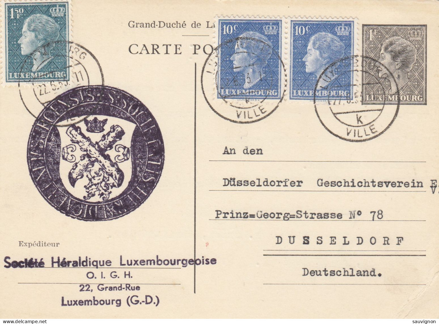 Luxembourg. Nice Postcard (stationary) With Add.franking. Motif Heraldique Luxembourgeoise, 1953 - Stamped Stationery