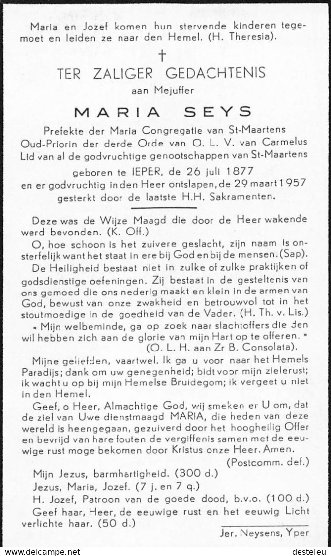 Doodsprentje / Image Mortuaire Maria Seys - Ieper 1877-1957 - Obituary Notices