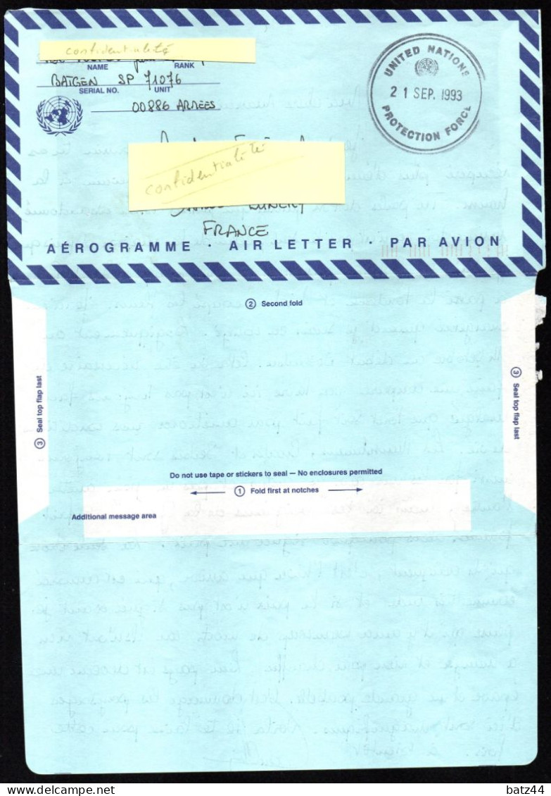 United Nations Protection Force 21 Sep 1993 Aérogramme  Air Letter Envoyé De SP 71076 00886 Armées écrit à Kakanj - UNO