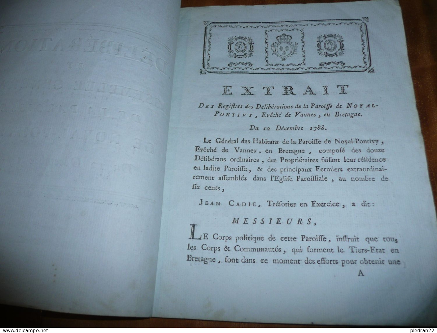 BRETAGNE MORBIHAN PAROISSE DE NOYAL PONTIVY REPARTITION DES CHARGES PUBLIQUES TIERS ETAT 12 DECEMBRE 1788 - Historical Documents