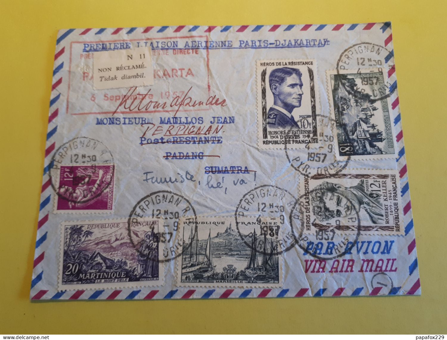 PREMIERE LIAISON AERIENNE PARIS DJAKARTA 1957 COURRIER RETOUR PERPIGNAN - Other & Unclassified