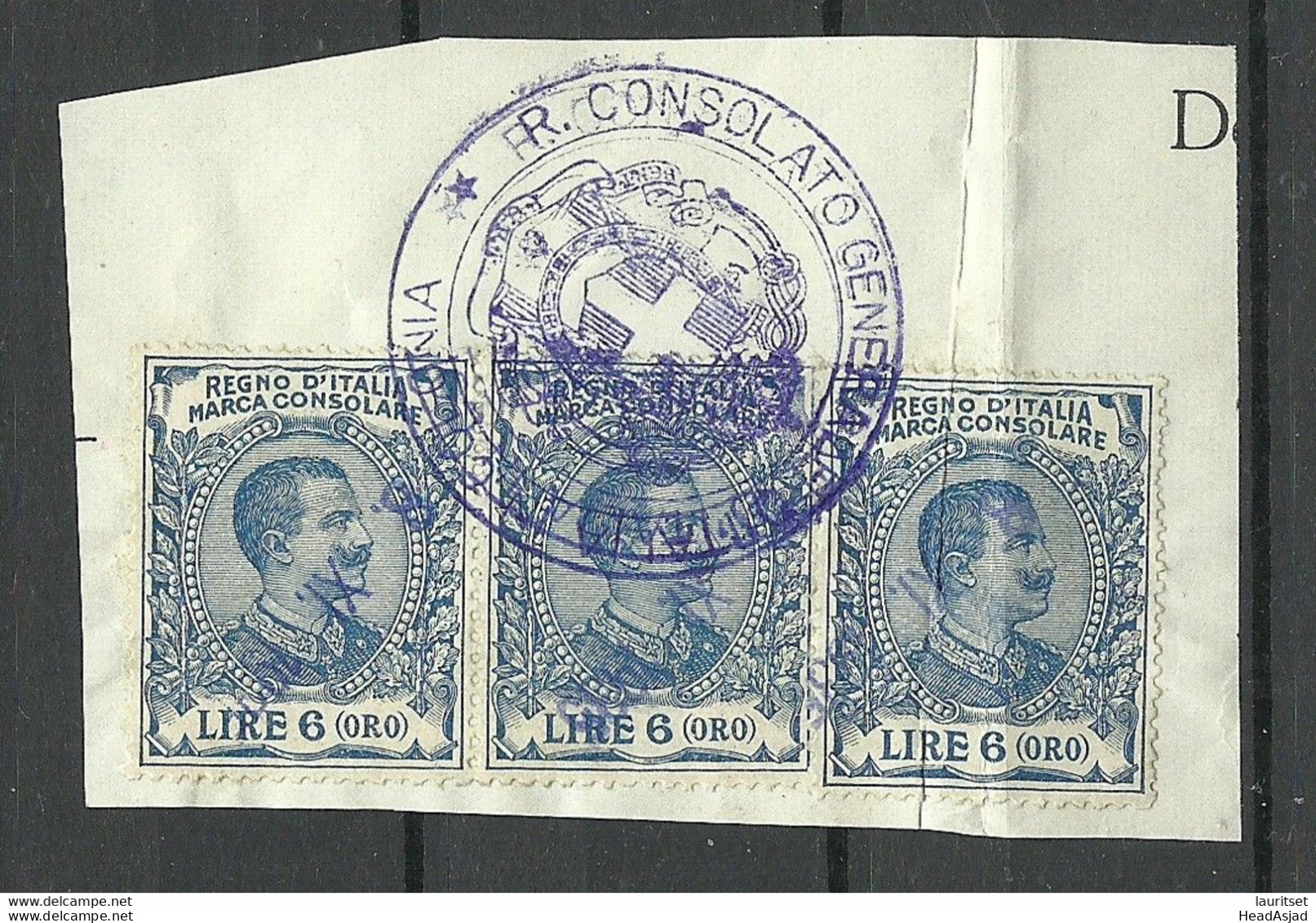 ITALIA ITALY 1920ies Revenue Consular Tax Marca Consolare 6 Lire O Consolato Generale Colona Germany - Autres & Non Classés