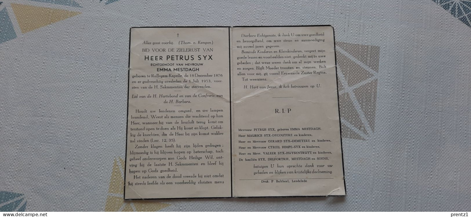 Petrus Syx Geb. Rollegem Kapelle - Getr. E. Mestdagh- Gest. 1/07/1953 - Devotion Images