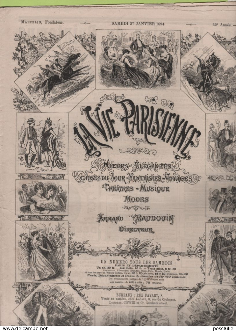 LA VIE PARISIENNE 27 1 1893 - MANCHECOURT LES REPAS / PROFESSIONAL LOVER GYP / HIVER EN EGYPTE DE MARSEILLE A ALEXANDRIE - Magazines - Before 1900