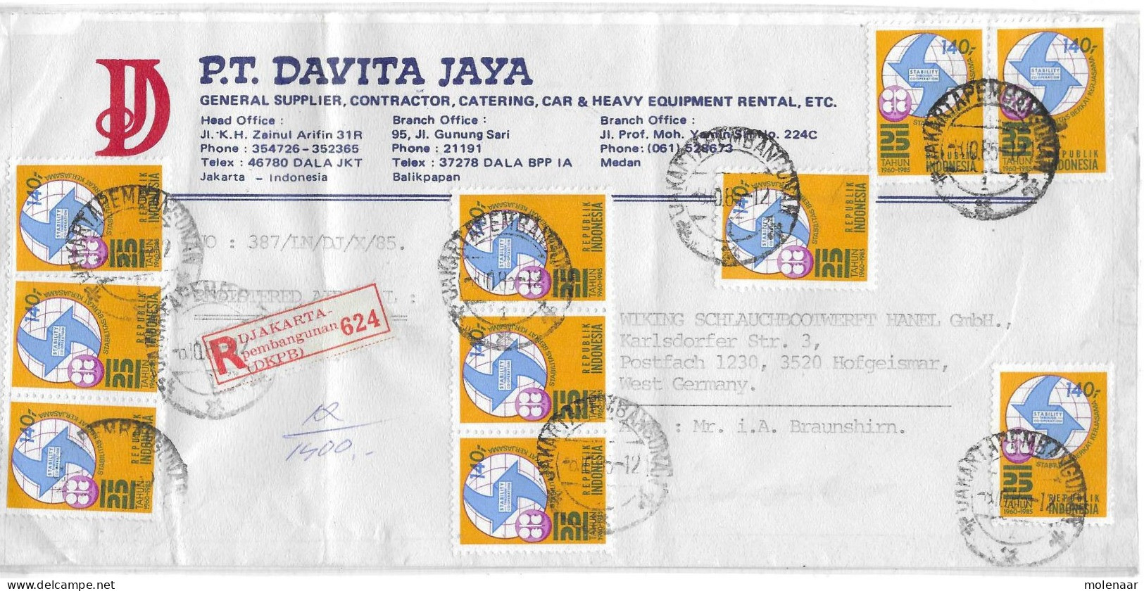 Postzegels > Azië > Indonesië>aangetekende Luchtpostbrief  Met 10 Postzegels  (17805) - Indonésie