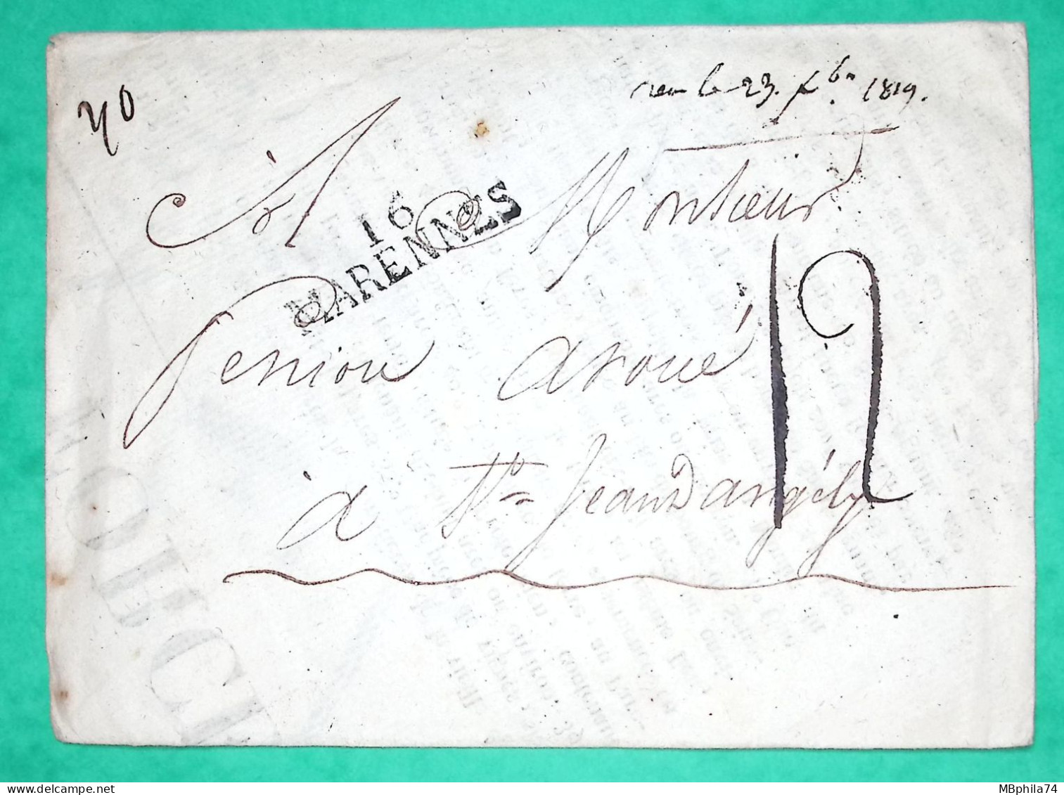 MARQUE 16 MARENNES CHARENTE INFERIEURE POUR ST JEAN D'ANGELY TAXE 12 TRIPLE PORT AFFICHE REUTILISEE 1819 COVER FRANCE - 1801-1848: Précurseurs XIX