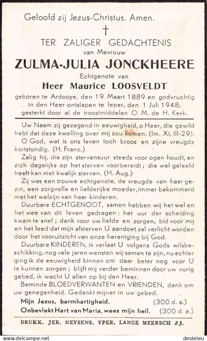 Doodsprentje / Image Mortuaire Zulma Jonckheere - Loosveldt Ardooie 1889-1948 - Obituary Notices