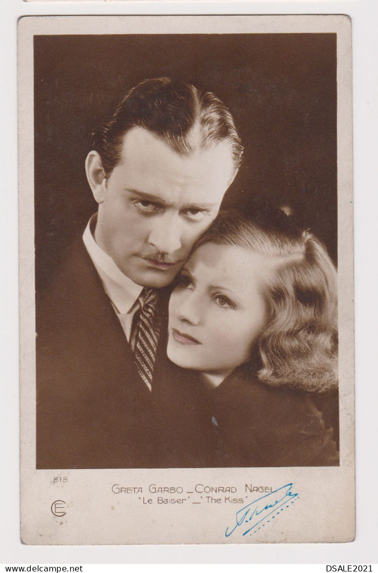 Actress Movie Star GRETA GARBO And CONRAD NAGEL In Movie Scene "Le Baiser" _ "The Kiss", Vintage French Postcard (166) - Actors
