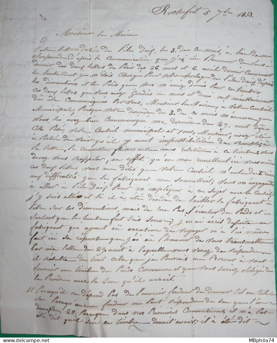 CAD TYPE 13 ROCHEFORT SUR MER CHARENTE INFERIEURE CORRESPONDANCE LOCALE TAXE 1 POUR L'ILE D'AIX 1833 LETTRE COVER FRANCE - 1801-1848: Precursors XIX