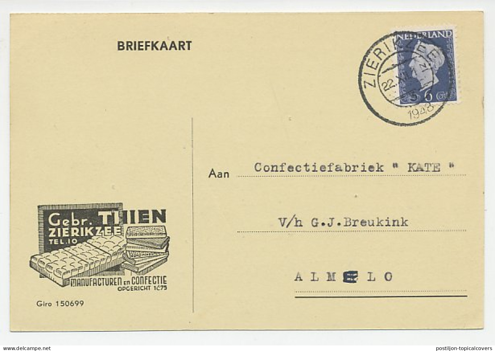 Firma Briefkaart Zierikzee 1948 - Manufacturen / Confectie - Non Classés