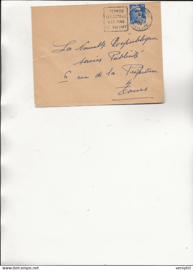 LETTRE AFFRANCHIE N° 886 -OBLITERATION DAGUIN "  VERNOU  / SES COTEAUX  / SES VINS DE VOUVRAY -1954 - Mechanical Postmarks (Other)