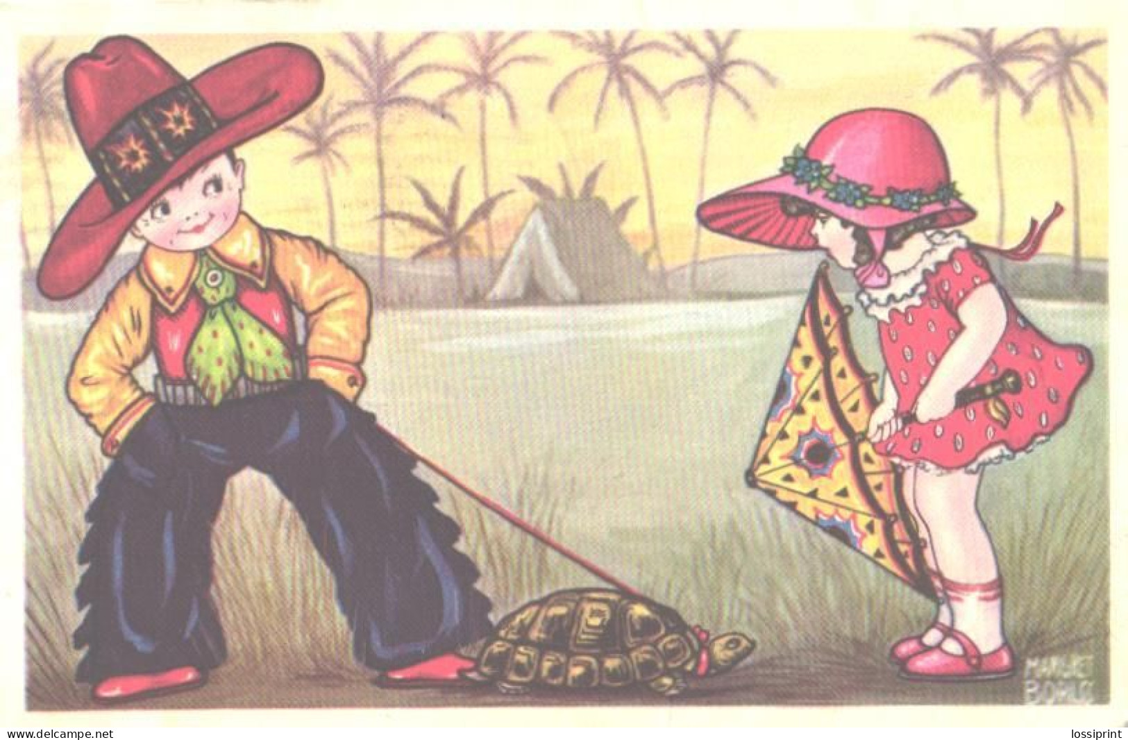 Margret Boriss:Cowboy Have Turtle Pet, Girl With Sunshade, Pre 1931 - Boriss, Margret