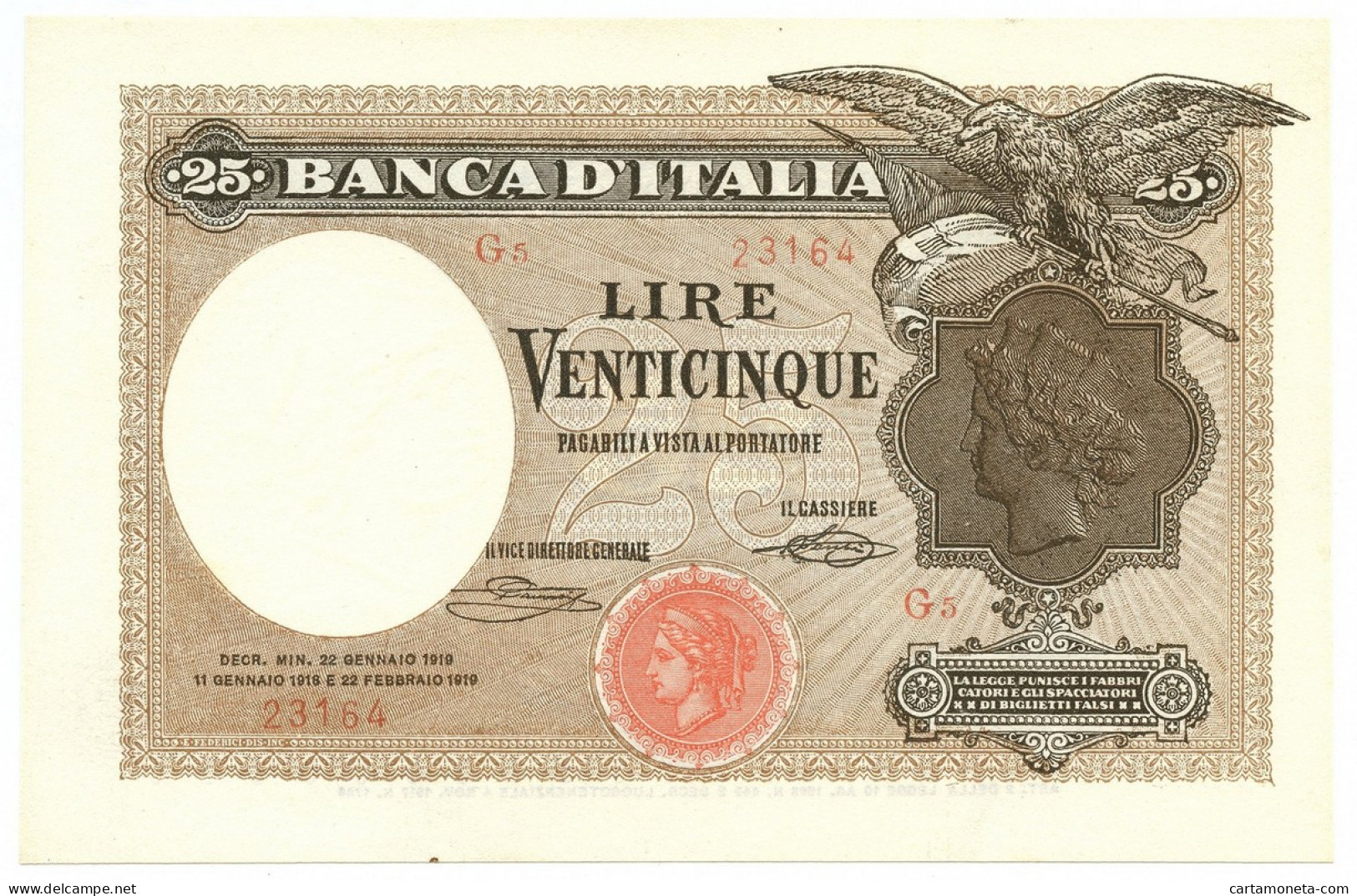 25 LIRE BANCA D'ITALIA AQUILA CON BANDIERA SABAUDA 22/01/1919 SUP- - Regno D'Italia – Other