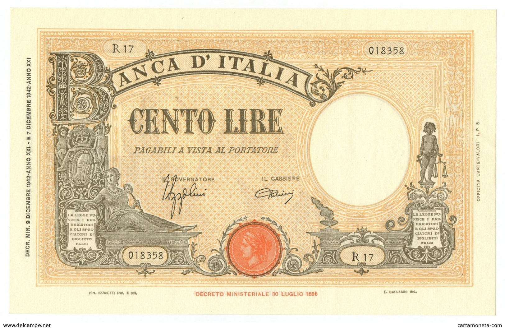 100 LIRE BARBETTI GRANDE B GIALLO TESTINA FASCIO 09/12/1942 SUP+ - Regno D'Italia – Other